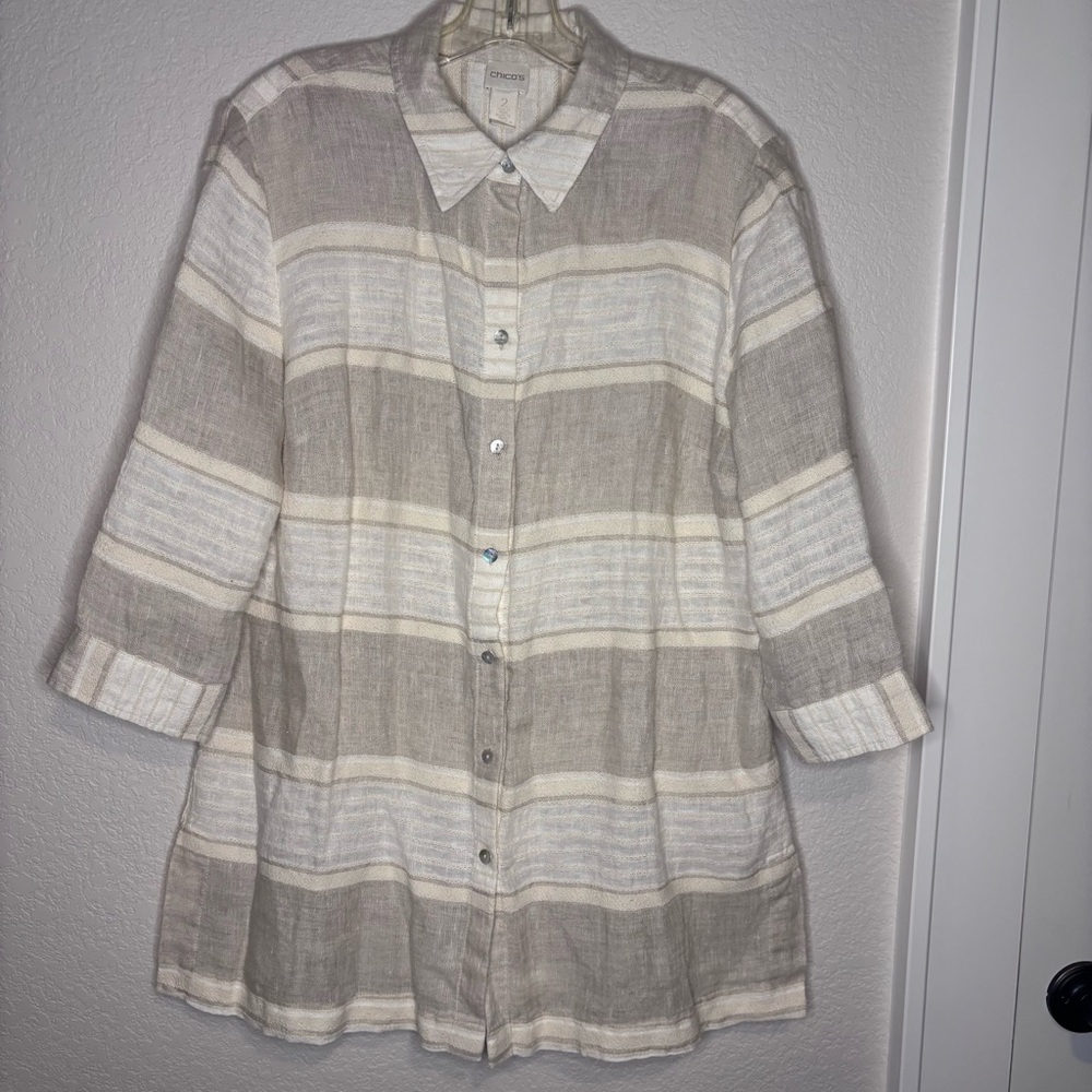 Chico's Cream‎ Textured Linen Blend Shacket Top